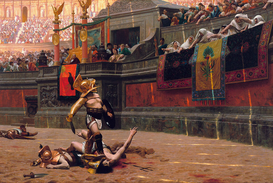 Grafika ilustracyjna, walki gladiatorów / autor: Pollice verso (mal. Jean-Léon Gérôme, 1872)