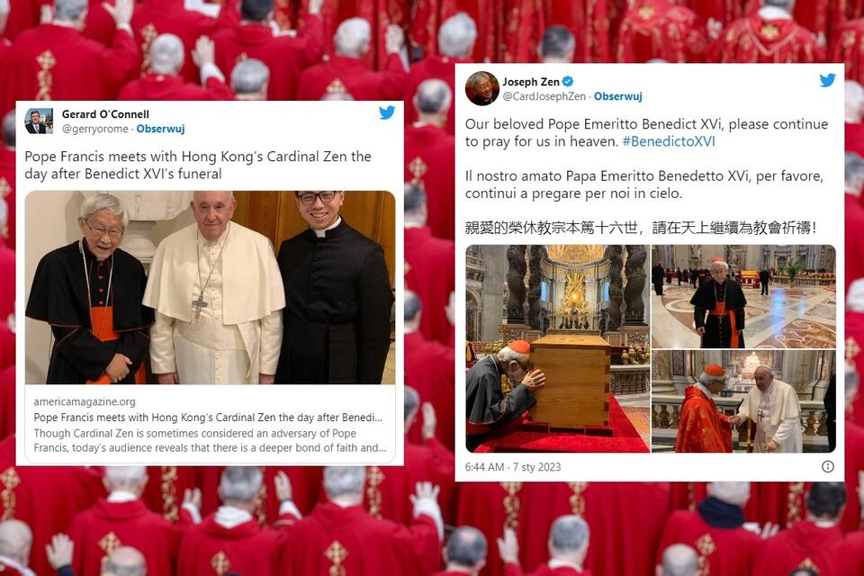 Zdjęcie w tle - kardynałowie podczas pogrzebu papieża seniora Benedykta XVI; w miniaturach - Kard. Zen w Watykanie / autor: PAP/EPA; Twitter