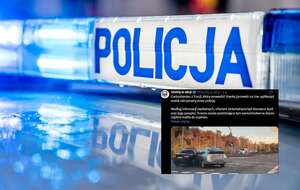 Włączona sygnalizacja świetlna policji oraz wpis Służb w akcji z portalu X / autor: Fratria/X-Służby w akcji