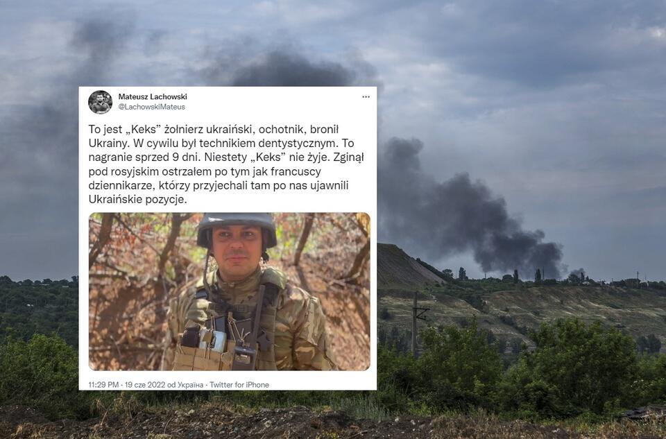 w tle - ostrzał w okolicach Siewierodoniecka / autor: PAP/EPA; Twitter/Mateusz Lachowski
