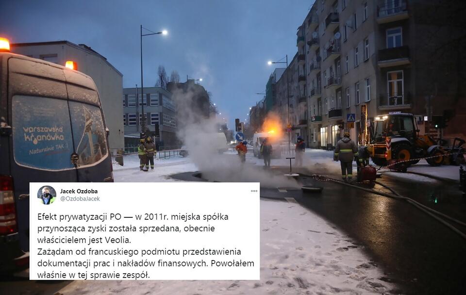 Prace na ulicy Jagiellońskiej po awarii rury sieci ciepłowniczej w Warszawie / autor: PAP/Wojciech Olkuśnik; Twitter/Jacek Ozdoba