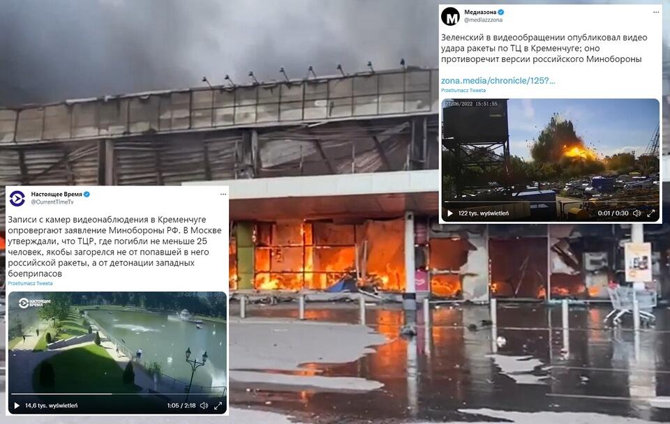 Zniszczone centrum handlowe w miejscowości Krzemieńczuk; screeny Twitter / autor: PAP/MNS.GOV.UA; Twitter (screeny)