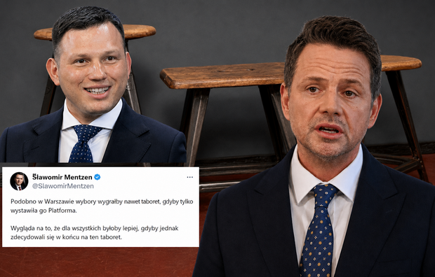 Sławomir Mentzen szydzi z Rafała Trzaskowskiego i KO / autor: Fratria/X/PAP/Piotr Nowak/Ronny Sachse/CC BY-SA 4.0 Deed/modyfikacja AI