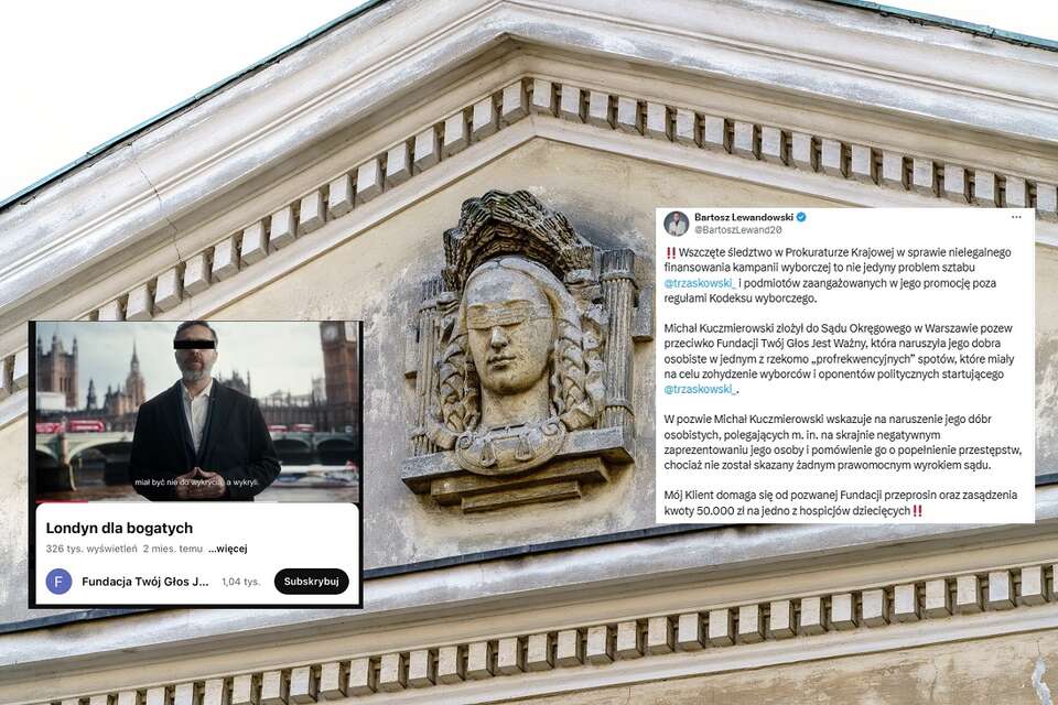 W tle zdjęcie ilustracyjne, wpis mec. Bartosza Lewandowskiego i kadr ze spotu pozwanej fundacji / autor: Fratria/X
