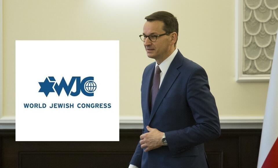 Premier Mateusz Morawiecki; logo Światowego Kongresu Żydów / autor: Fratria/A.Wiktor; FB/WorldJewishCong