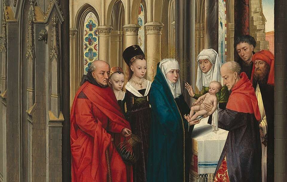 obraz Ofiarowanie Pańskie / autor: Master of the Prado "Adoration of the Magi", Netherlandish, active probably third quarter 15th century, - National Gallery of Art, Washington, D. C., online collection, Domena publiczna, https://commons.wikimedia.org/w/index.php?curid=50439948