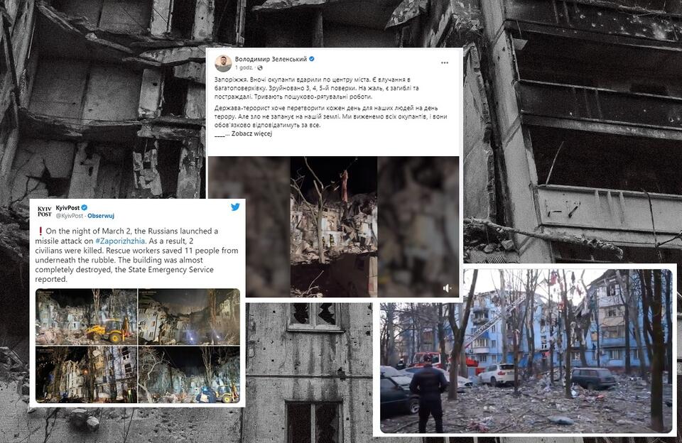 Atak rakietowy na blok w Zaporożu; w tle zdj. ilustracyjne z Ukrainy / autor: Fratria; Facebook/Володимир Зеленський ; Twitter