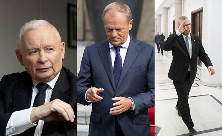 Liderzy swoich partii: Jarosław Kaczyński, Donald Tusk, Grzegorz Braun / autor: Fratria