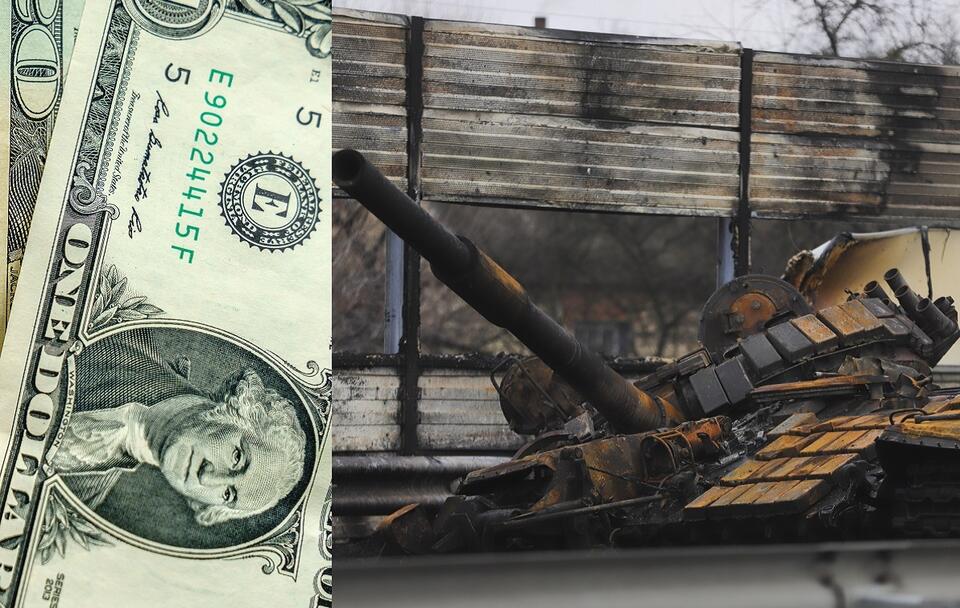 Dolar amerykański (zdj. ilustracyjne) i rosyjski czołg zniszczony pod Kijowem / autor: Fratria; PAP/EPA/STR
