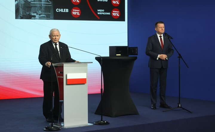 Prezes Prawa i Sprawiedliwości Jarosław Kaczyński (L) i przewodniczący KP PiS Mariusz Błaszczak (P) podczas konferencji prasowej / autor: PAP/Albert Zawada