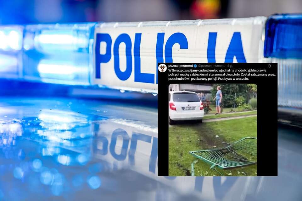 Policyjna sygnalizacja świetlna oraz wpis poznan_moment z portalu X / autor: Fratria/X-poznan_moment