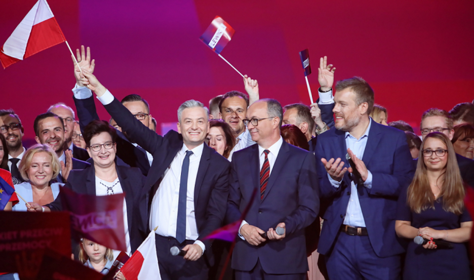 Robert Biedroń, Włodzimierz Czarzasty i Adrian Zandberg podczas konwencji programowej Lewicy / autor: PAP/Leszek Szymański