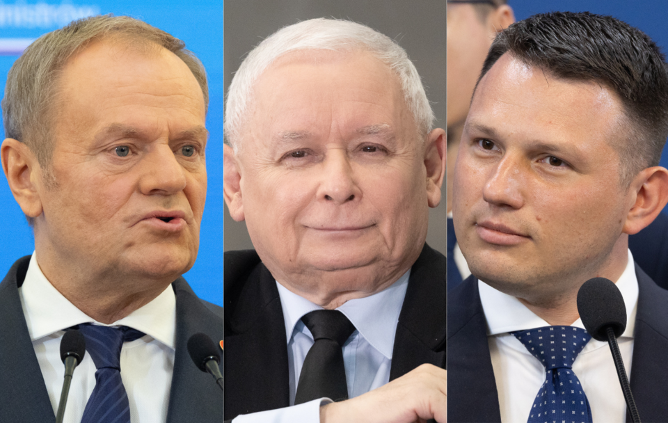 Donald Tusk, Jarosław Kaczyński i Sławomir Mentzen  / autor: Fratria