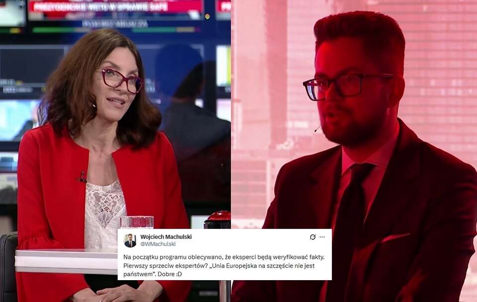prof. Renata Mieńkowska-Norkiene i rzecznik Konfederacji Wojciech Machulski w programie „Kłamstwo nie przejdzie” / autor: YouTube/TVP Info Publicystyka, X/Wojciech Machulski
