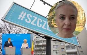 W tle baner promujący szczepienia przeciwko covid-19, w miniaturach: Katarzyna Sójka oraz Donald Tusk i Ursula von der Leyen / autor: Fratria/wPolsce24