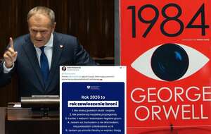Premier Donald Tusk/"Rok 1984" Orwella / autor: Fratria/X:@adamSzlapka