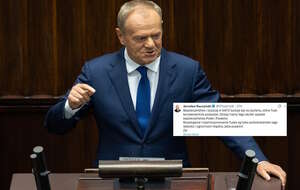 Donald Tusk na mównicy sejmowej oraz wpis Jarosława Kaczyńskiego (screen z X) / autor: Fratria/X-Jarosław Kaczyński (screen)