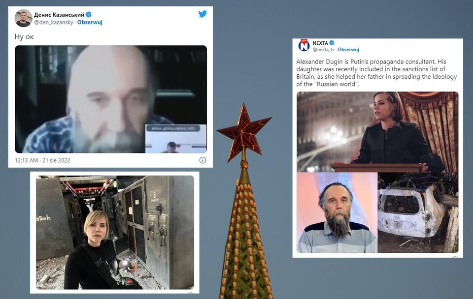 Aleksander Dugin i jego córka Daria; w tle gwiazda na jednej z wież Kremla / autor: Fratria/Twitter