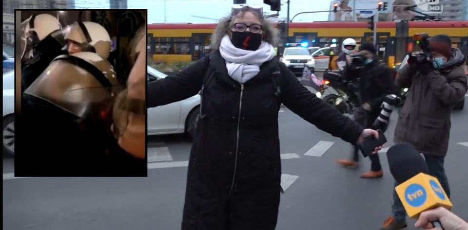 Z lewej - moment w którym Lempart pluje na policjanta, pokazane tylko w TVP. Z prawej - biedna pani Lempart w inscenizacji TVN / autor: wPolityce.pl
