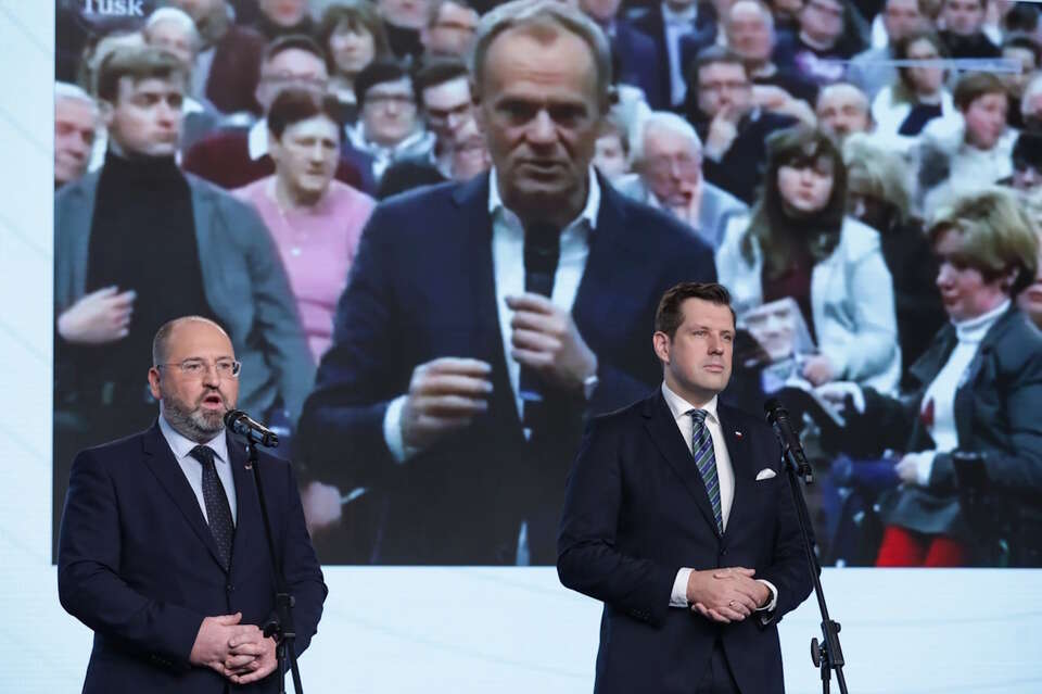 Europosłowie PiS: Adam Bielan i Tobiasz Bocheński / autor: PAP/Tomasz Gzell