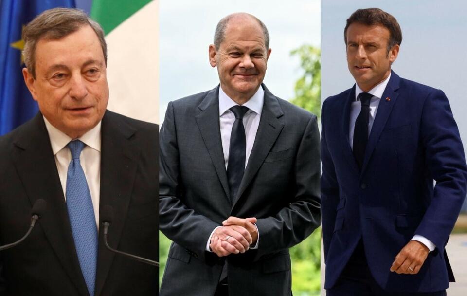 Premier Włoch Mario Draghi/ Kanclerz Niemiec Olaf Scholz/ Prezydent Francji Emmanuel Macron / autor: PAP/EPA/ATEF SAFADI/FILIP SINGER/GONZALO FUENTES / POOL