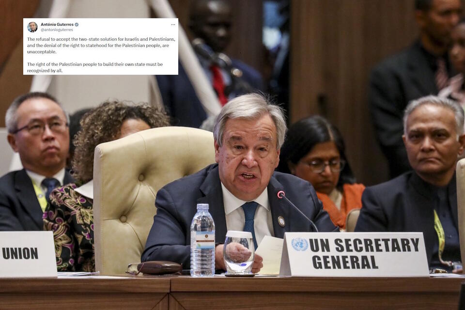 Sekretarz generalny ONZ Antonio Guterres, zamknięcie 19. szczytu Ruchu Państw Niezaangażowanych w Munyonyo w Kampali w Ugandzie, 20 stycznia 2024 r. / autor: PAP/EPA/Daniel Irungu