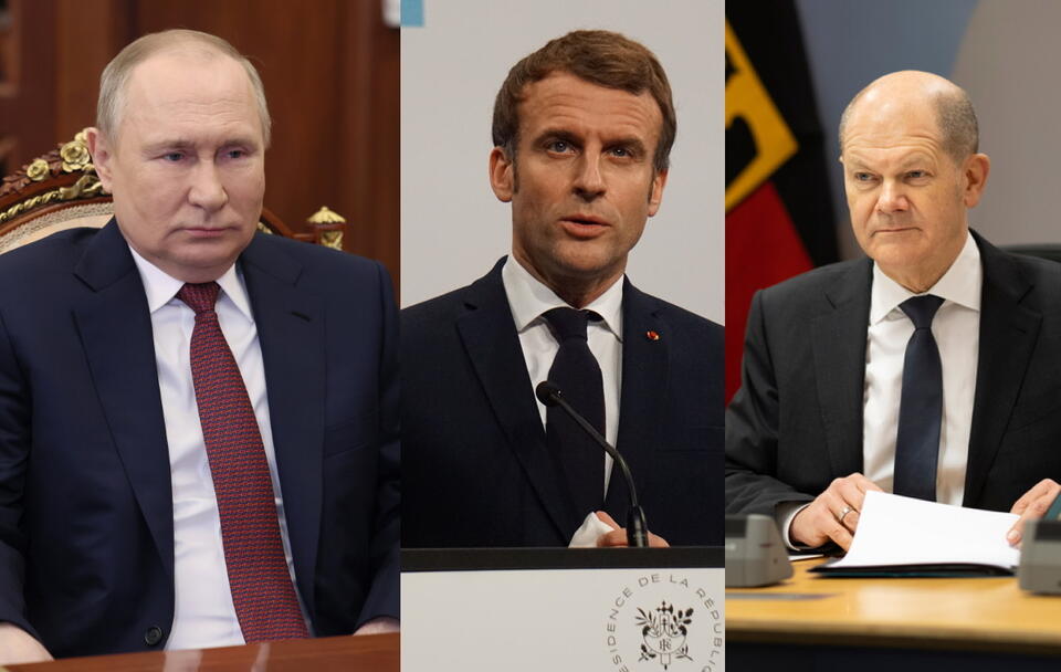 Władimir Putin, Emmanuel Macron, Olaf Scholz  / autor: PAP/EPA/Fratria/Twitter @Bundeskanzler