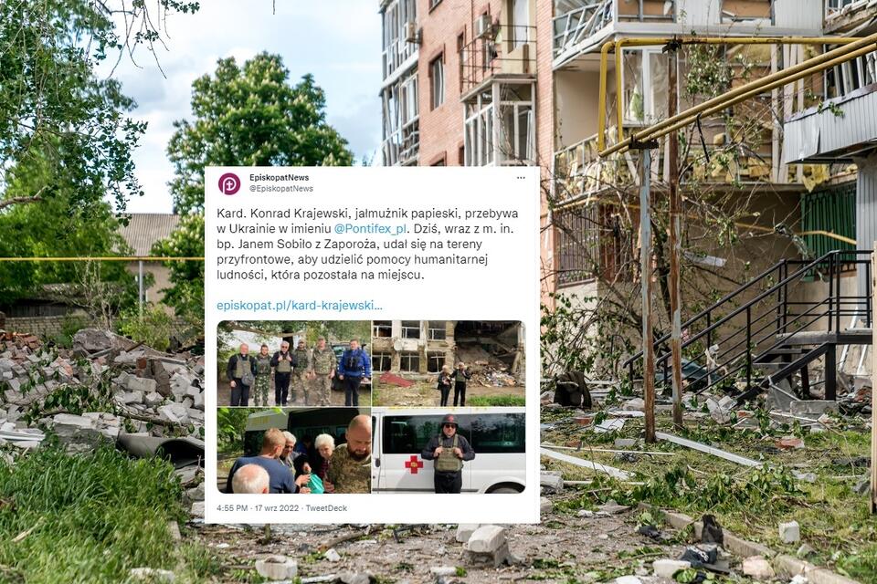 W tle zdjęcie zniszczonych budynków na Ukrainie / autor: Fratria/Andrzej Skwarczynski; Twitter/Episkopat News