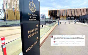 Na zdjęciu wjazd do TSUE oraz wpis Marcina Romanowskiego (screen z X) / autor: Luxofluxo, CC BY-SA 4.0 <https://creativecommons.org/licenses/by-sa/4.0>, via Wikimedia Commons/X-Marcin Romanowski (screen)