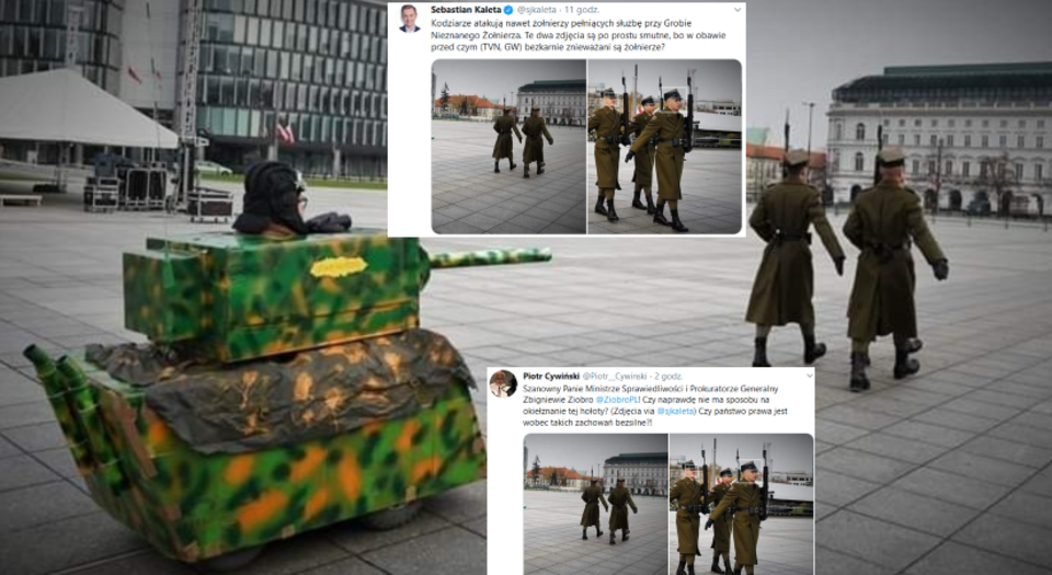 Happening Lotnej Brygady Opozycji z kartonowym czołgiem pod Grobem Nieznanego Żołnierza w Warszawie / autor: Twitter Sebastian Kaleta