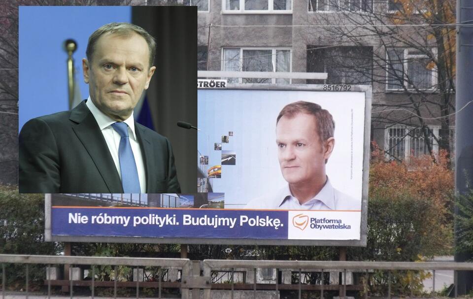 Z lewej Donald Tusk w roku 2016, z prawej "odmładzony" już wtedy na plakacie z roku 2011  / autor: wPolityce.pl