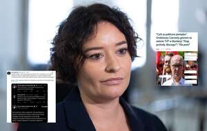 Anna Maria Żukowska na sejmowym korytarzu, artykuł portalu wPolityce.pl (screen) oraz wpis konta Chrzanik (screen z X) / autor: Fratria/wPolityce/X-Chrzanik (screen)