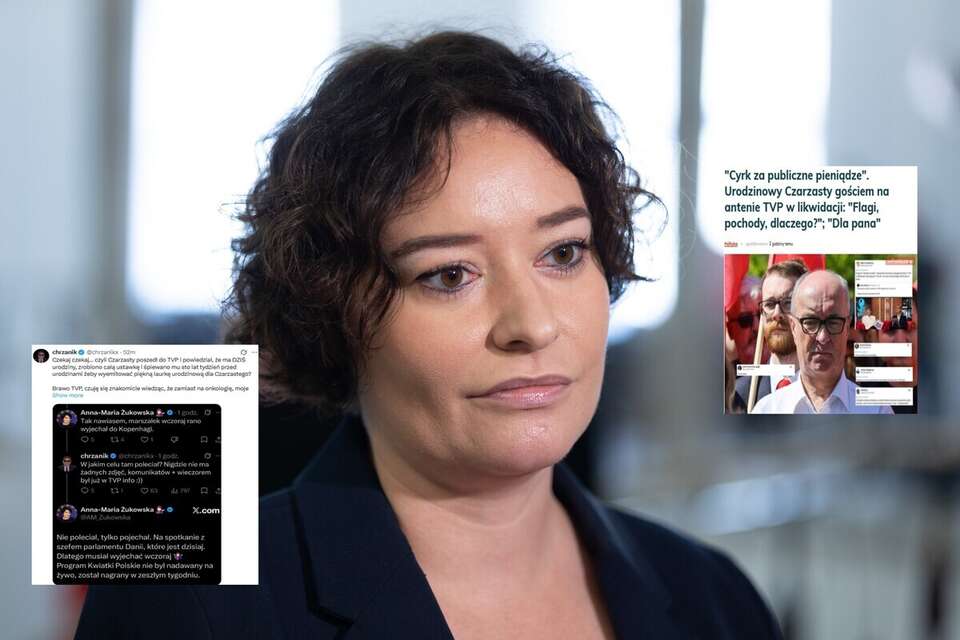 Anna Maria Żukowska na sejmowym korytarzu, artykuł portalu wPolityce.pl (screen) oraz wpis konta Chrzanik (screen z X) / autor: Fratria/wPolityce/X-Chrzanik (screen)