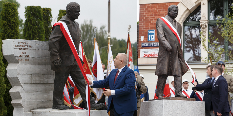 Pomniki Lecha Kaczyńskiego w Kraśniku (po lewej) i Szczecinie (po prawej). / autor: Flickr: KPRM