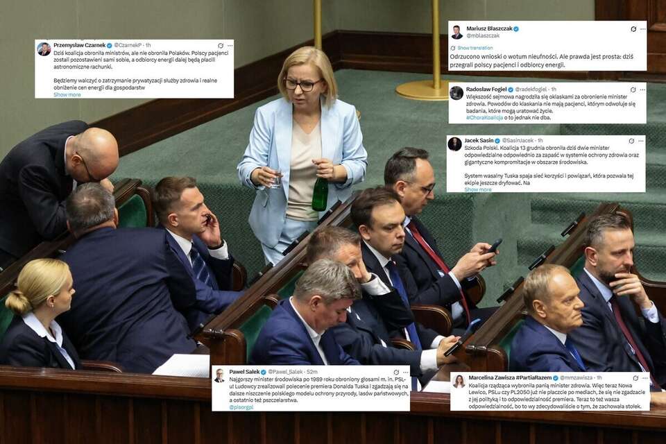 Rząd Koalicji 13 Grudnia w ławach sejmowych oraz wpisy z portalu X (screeny) / autor: PAP/Albert Zawada/X (screeny)