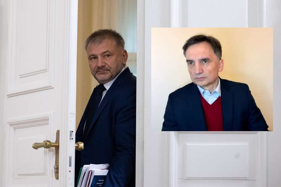Na zdjęciu minister sprawiedliwości, prokurator generalny Waldemar Żurek, w miniaturze kadr z rozmowy TV wPolsce24 ze Zbigniewem Ziobrą / autor: Fratria/Telewizja wPolsce24