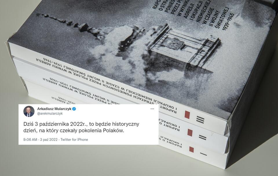 W tle - raport o stratach poniesionych przez Polskę w wyniku agresji i okupacji niemieckiej w czasie II wojny światowej / autor: Fratria/Twitter