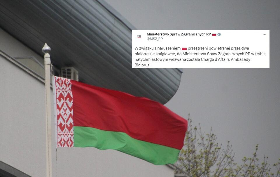 Na zdj. flaga przed ambasadą Białorusi w Warszawie / autor: Fratria; Twitter/MSZ