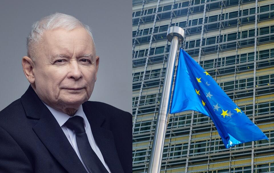 Prezes PiS Jarosław Kaczyński, flaga UE / autor: Fratria