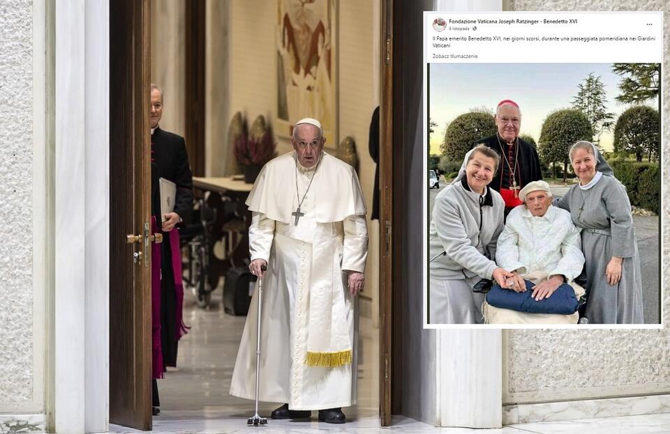 Papież Franciszek podczas audiencji generalnej; niedawno wykonane zdjęcie Benedykta XVI / autor: PAP/EPA; Facebook/Fondazione Vaticana Joseph Ratzinger - Benedetto XVI