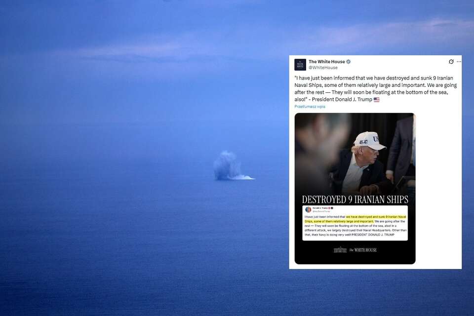 Wpis Białego Domu/Donalda Trumpa o zniszczeniu irańskich okrętów, w tle zdj. ilustracyjne - dym unosi się, gdy irański pocisk uderzył w wody morskie w Zatoce Hajfy w Izraelu / autor: PAP/EPA, X/The White House
