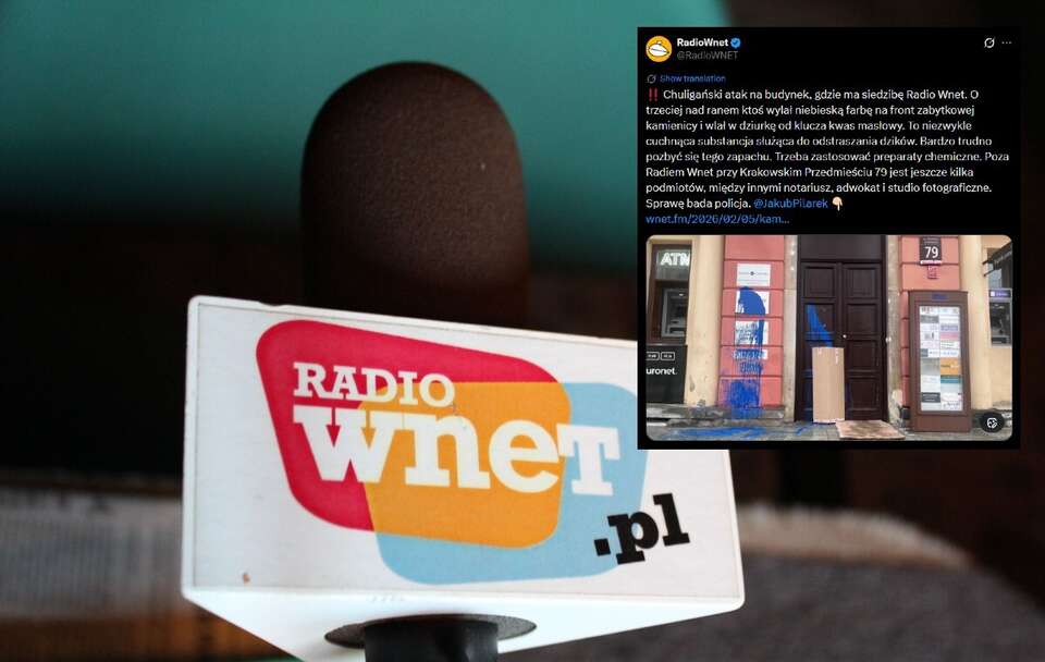 Chuligański atak z użyciem kwasu masłowego na siedzibę m.in. Radia Wnet! / autor: Fratria/X/@RadioWNET