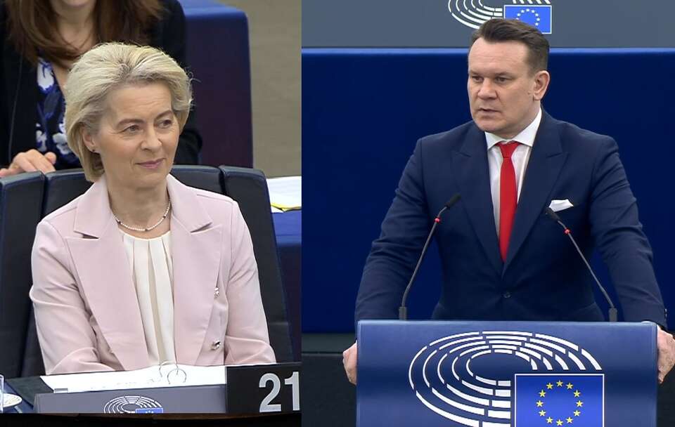 Szefowa KE Ursula von der Leyen i europoseł PiS Dominik Tarczyński / autor: screen/europarl.europa.eu