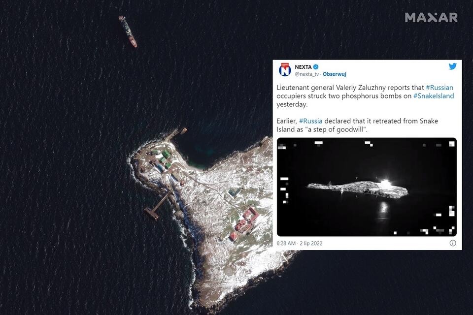 Zdjęcia satelitarne Wyspy Węży opublikowane przez Maxar Technologies  / autor: PAP/EPA/MAXAR TECHNOLOGIES HANDOUT; Twitter/NEXTA