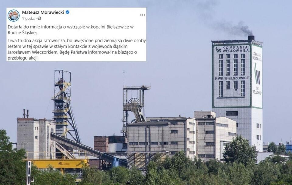 Wstrząs w kopalni Bielszowice! Trwa akcja ratunkowa / autor: commons.wikimedia.org/Klaumich49/CC BY-SA 4.0; Facebook/Mateusz Morawiecki (screenshot)