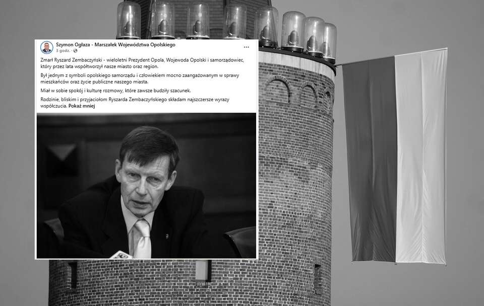 W tle Wieża Piastowska w Opolu, w miniaturze wpis Szymona Ogłazy na FB - marszałka województwa opolskiego o śmierci R. Zembaczyńskiego / autor: Fratria, Facebook/Szymon Ogłaza - Marszałek Województwa Opolskiego