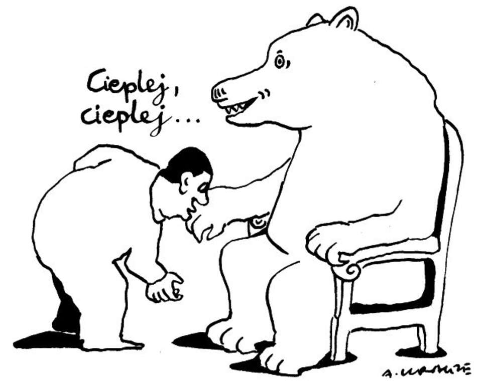 Rys. Andrzej Krauze, "CIEPLEJ, CIEPLEJ"