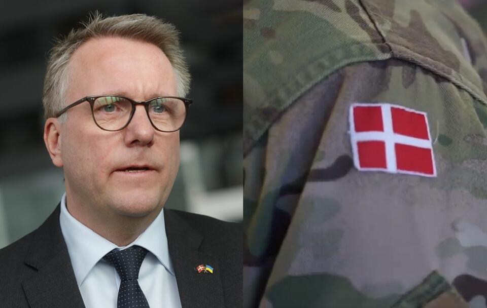 Duński minister obrony Morten Bodskov; flaga Danii na mundurze żołnierza / autor: PAP/EPA; Twitter/Forsvarsministeriet/Danish MoD