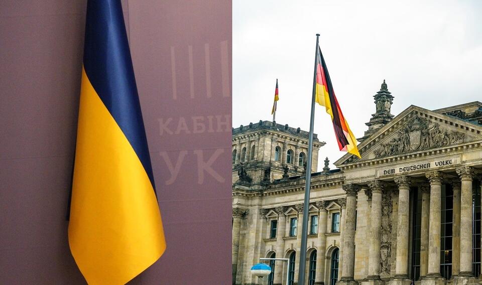 Flaga Ukrainy w siedzibie rządu w Kijowie/Flaga Niemiec na budynku Bundestagu / autor: Fratria