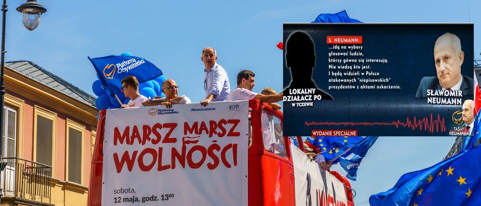 Z lewej Sławomir Neumann na Marszu Wolności opozycji, 12 maja 2018 roku, z prawej fragment taśm Neumanna / autor: wPolityce.pl, Andrzej Skwarczyński